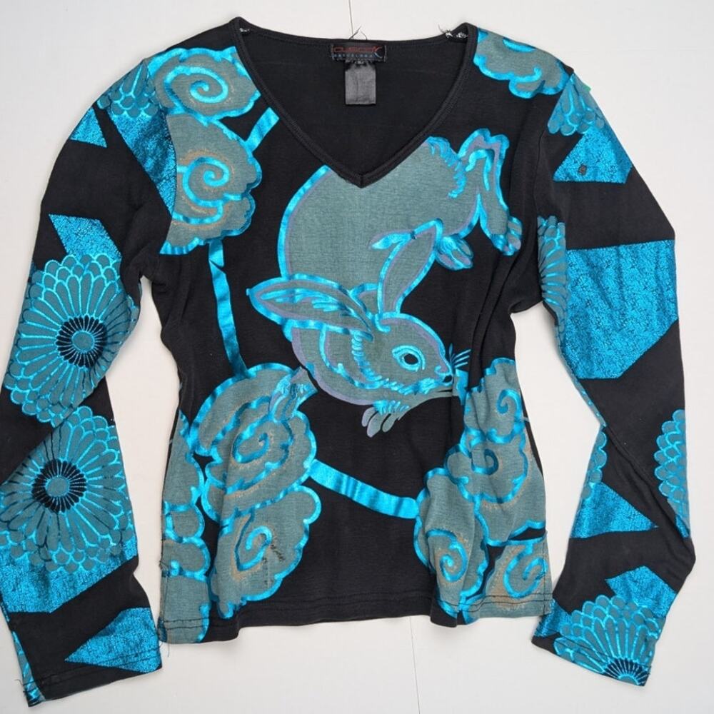 Custo Barcelona Abstract Graphic Long Sleeve Top Size S/M Vintage Y2K Cyber